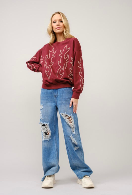 Western Boot Stitch Crew Neck