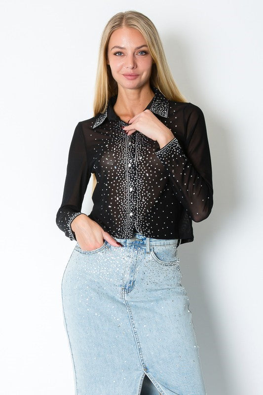 Long Sleeve Rhinestone Mesh Cropped Blouse