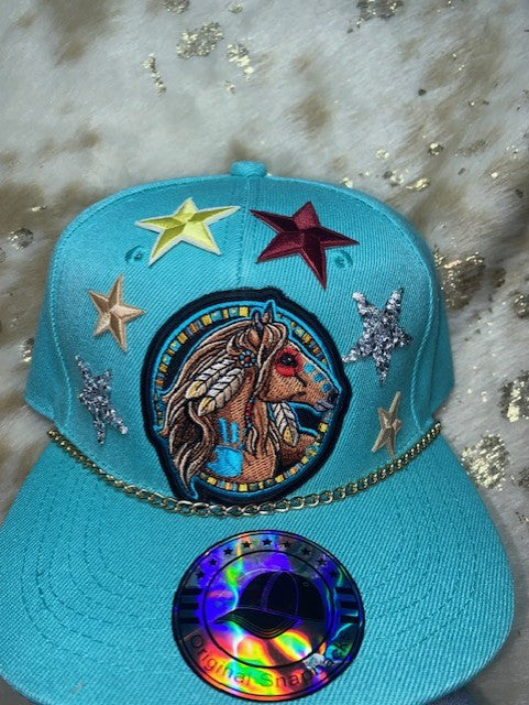 Turquoise Trucker Hat with Gold Hat Chain