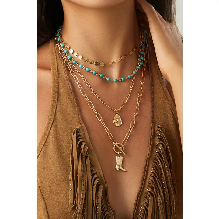 Western Cowgirl Boots Turquoise Beading Necklace Set