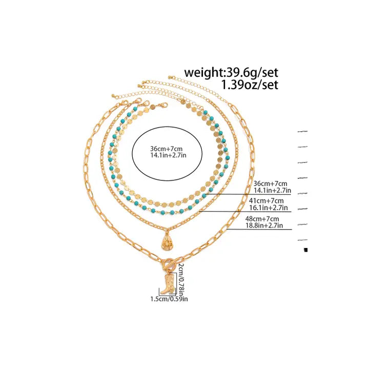 Western Cowgirl Boots Turquoise Beading Necklace Set