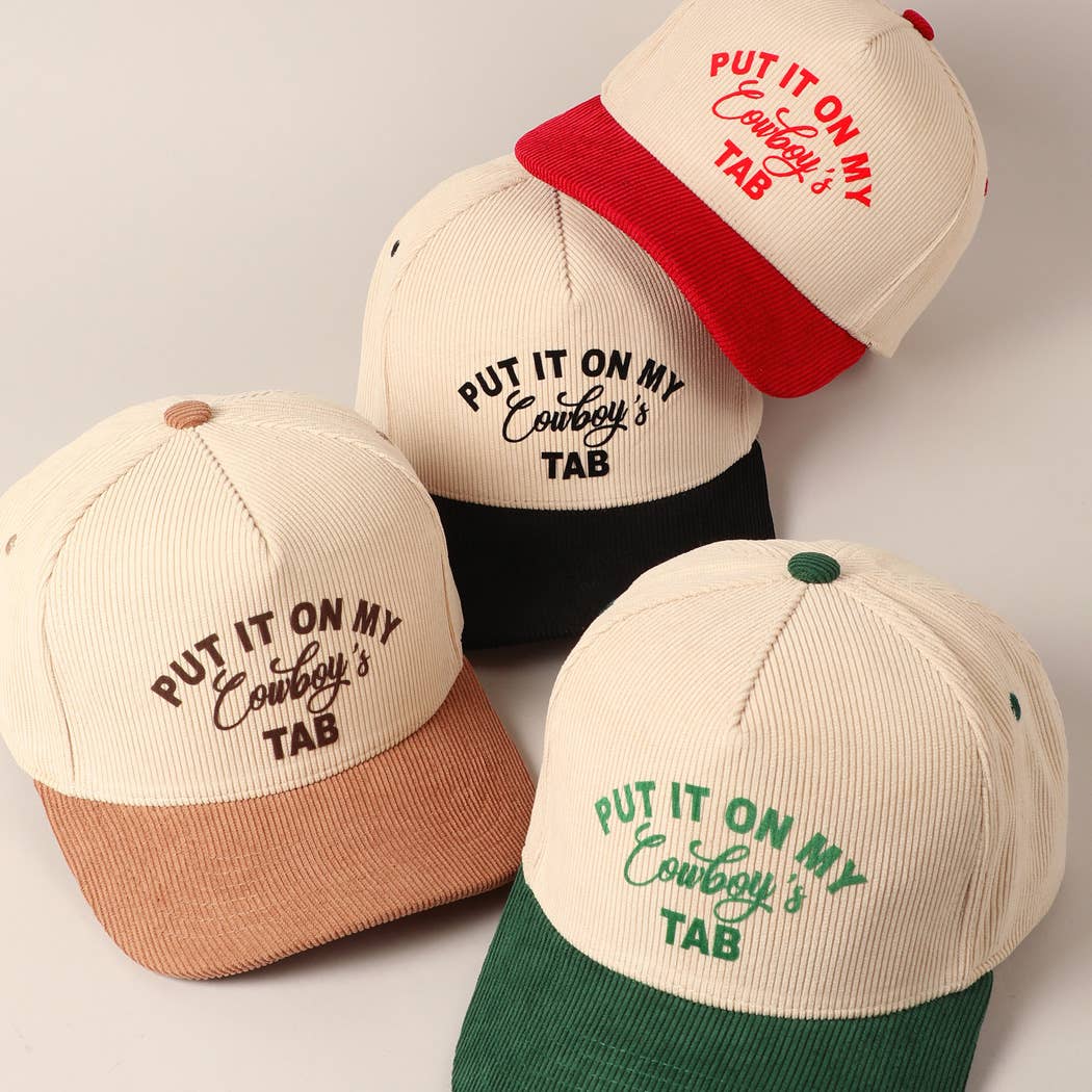 Put It On My Cowboy's Tab Two-Tone Corduroy Cap: Black/ Beige ONE SIZE