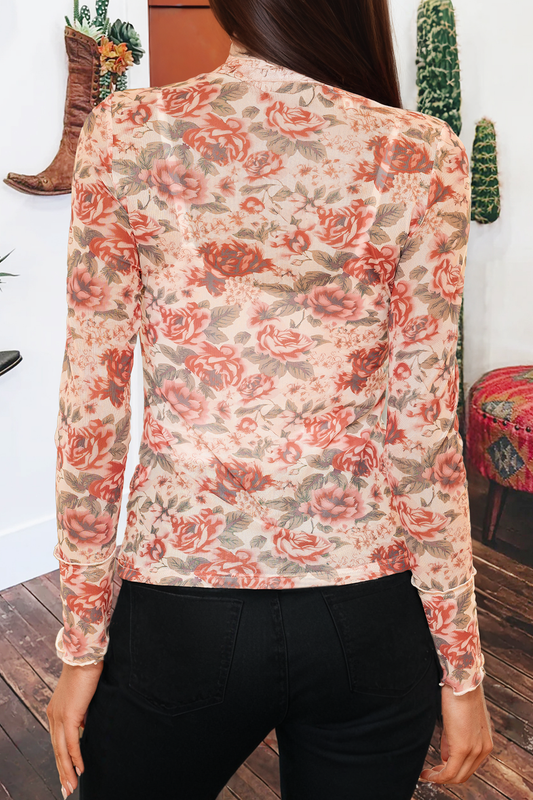 Retro Floral Print Mesh Long Sleeve Top