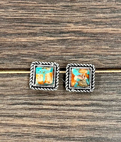 Western Square Gemstone Stud Earrings