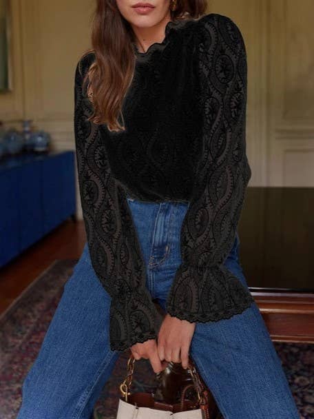 French romance Vintage floral lace ruffle frill blouse: Black / S/M