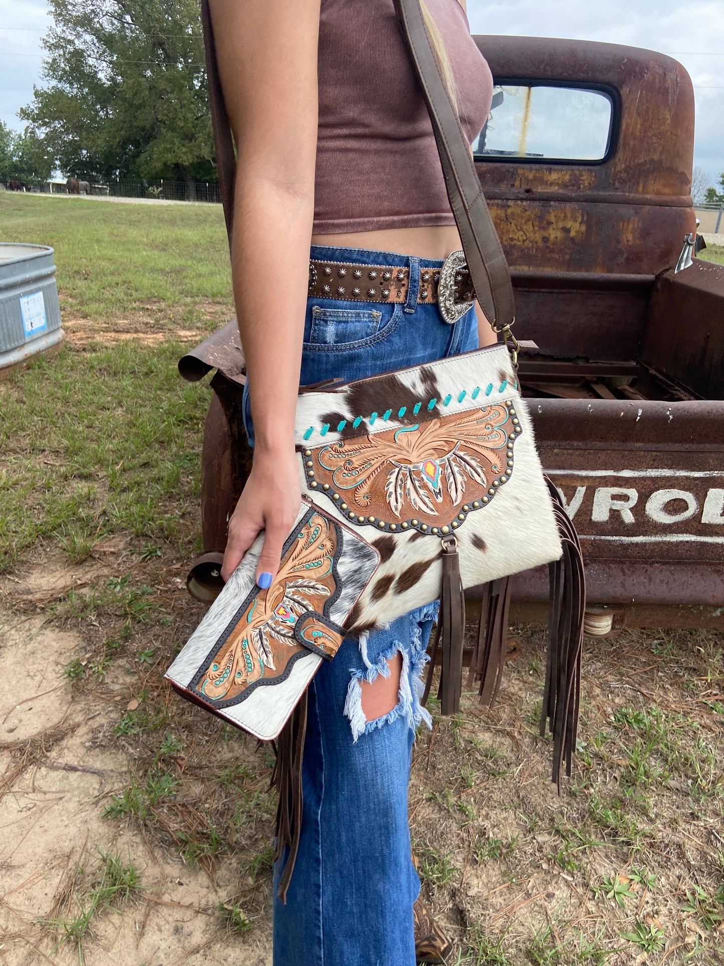 Cowhide Hand Painted Scull Tooled Leather Fringe Purse