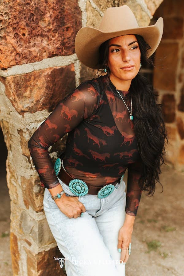 Black Horse Mesh Printed Top
