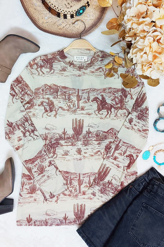Montana Boho Western Apparel long sleeve shirt featuring rustic western graphics and desert motifs
