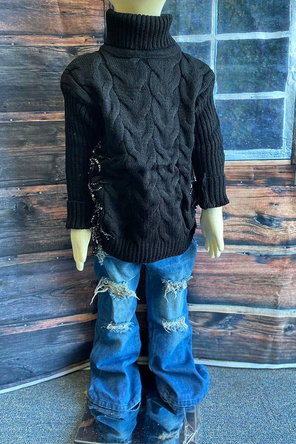 Black Fringe Girls Knit Sweater