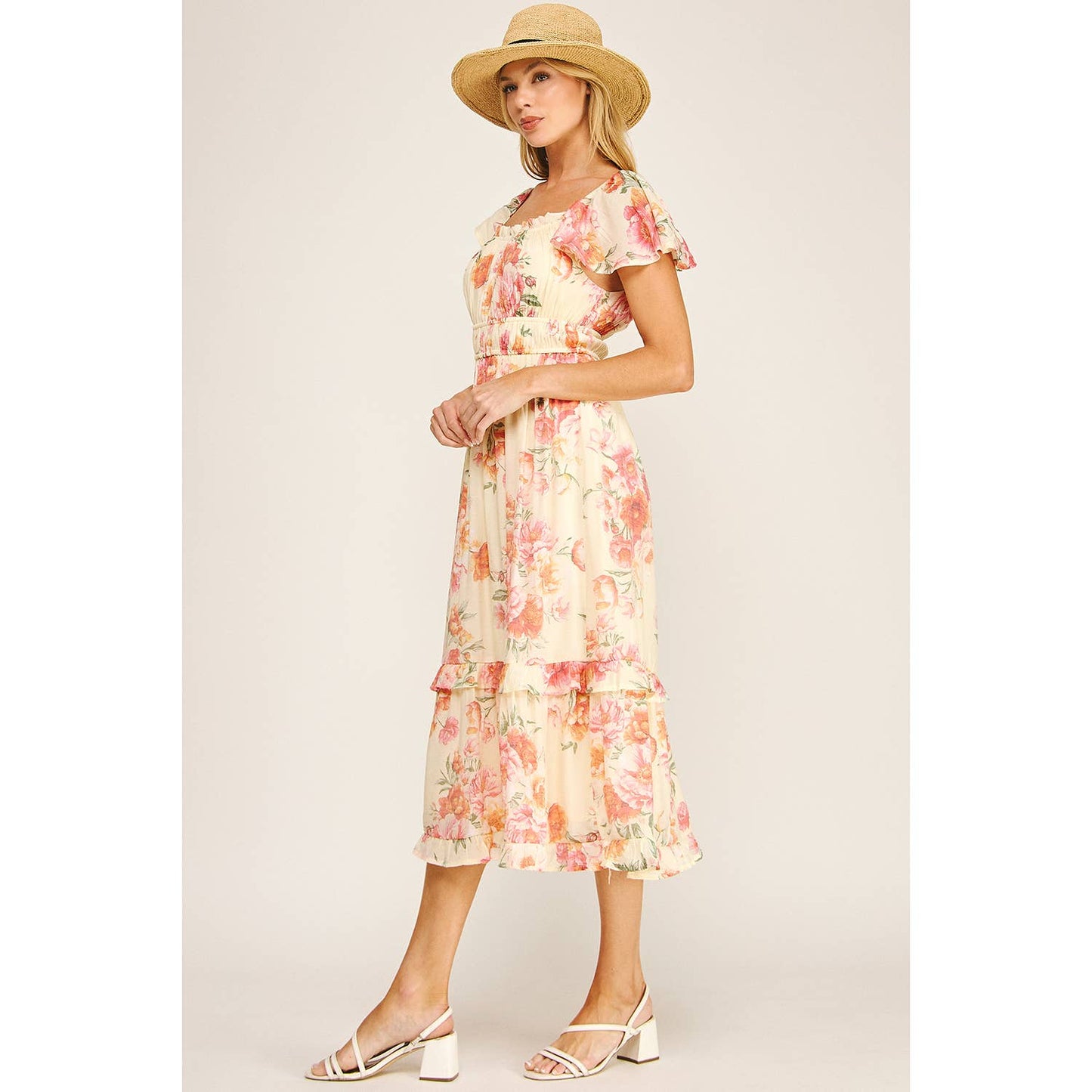 FLUTTER SLEEVE FLORAL TIERED DRESS