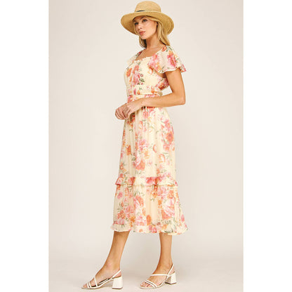 FLUTTER SLEEVE FLORAL TIERED DRESS
