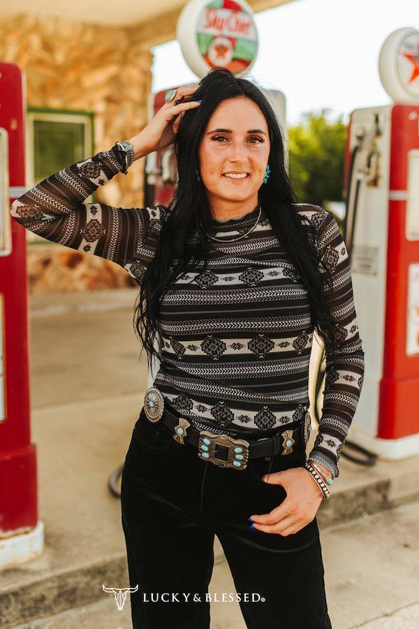Black Ivory Aztec Printed Long Sleeve Mesh Top