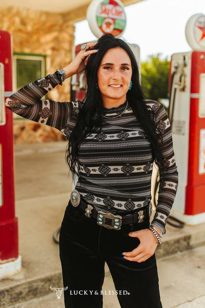 Black Ivory Aztec Printed Long Sleeve Mesh Top
