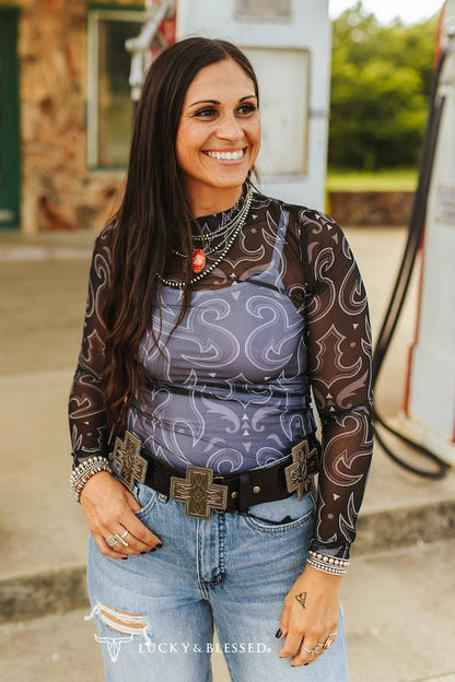 Black Boot Stitch Mesh Printed Top