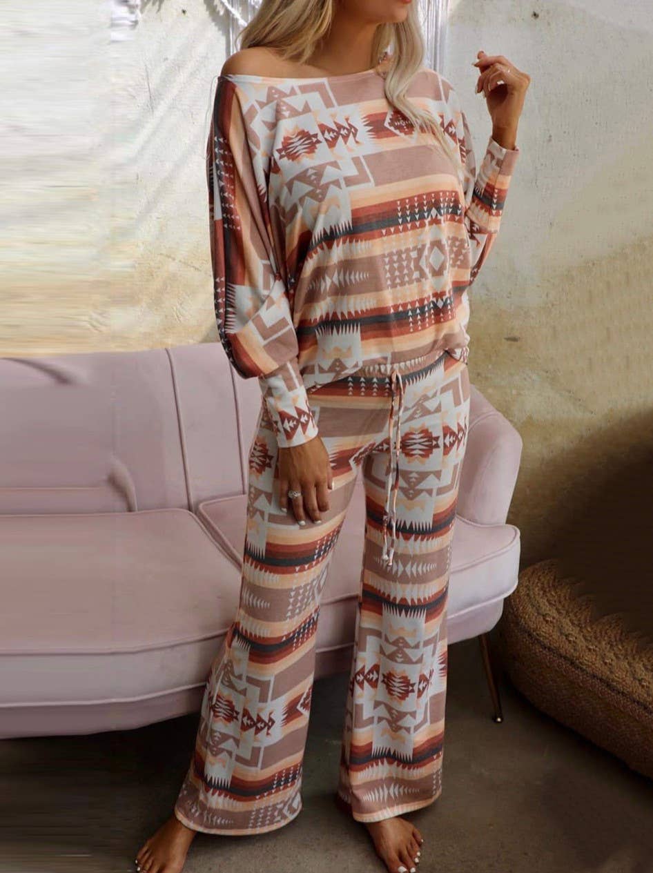 Diamond Print Loungewear Casual Two-Piece Set