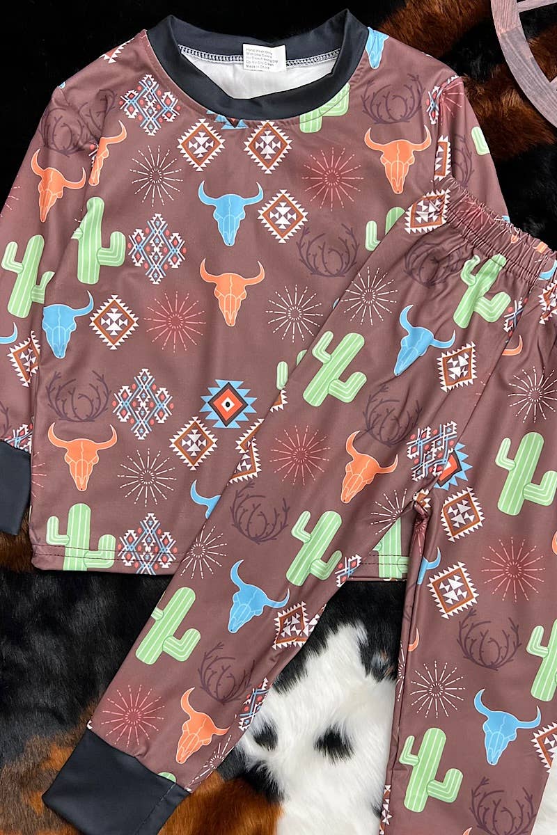 Brown Western Printed Pajama 2 Piece Set