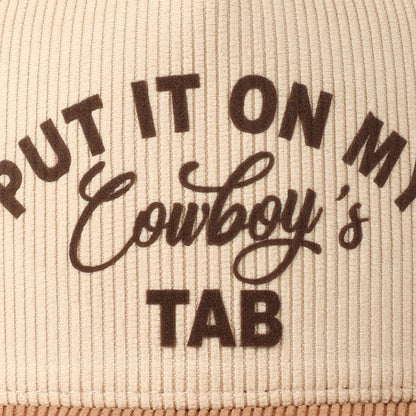 Put It On My Cowboy's Tab Two-Tone Corduroy Cap: Black/ Beige ONE SIZE