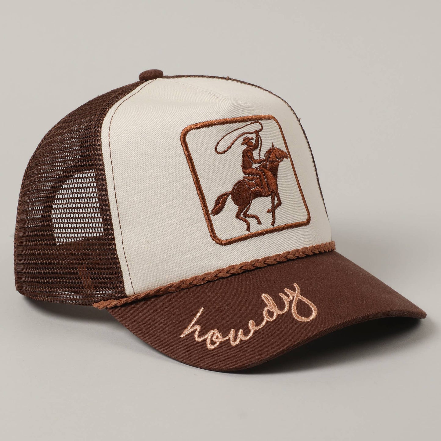 Cowboy Image Howdy Embroidery Mesh Back Cap: Brown / ONE SIZE
