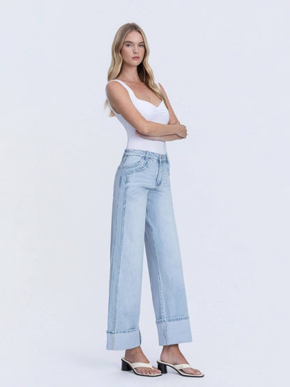 SUPER HIGH RISE LIGHT WASH CUFFED BAGGY WIDE JEANS