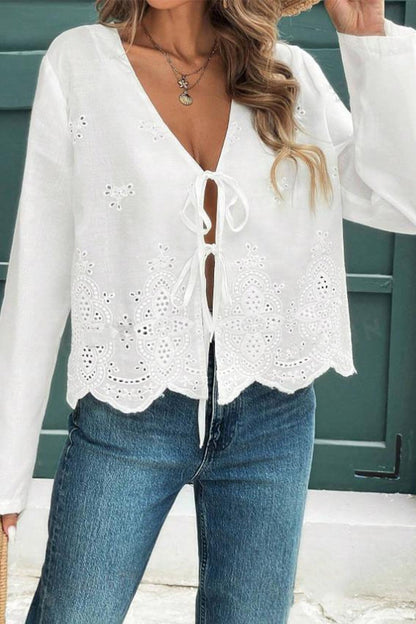 Boho embroidered tie front shirt in white with intricate lace details and bell sleeves