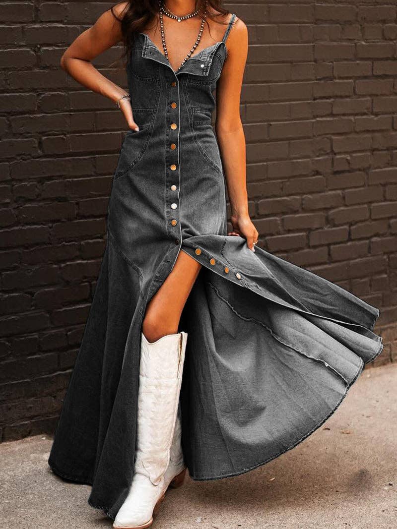 Stylish button-front denim maxi dress in dark wash with a flowy skirt and buttons down the front