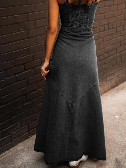 KK Bloom button-front denim maxi dress with a fitted bodice and flowing skirt for a stylish look