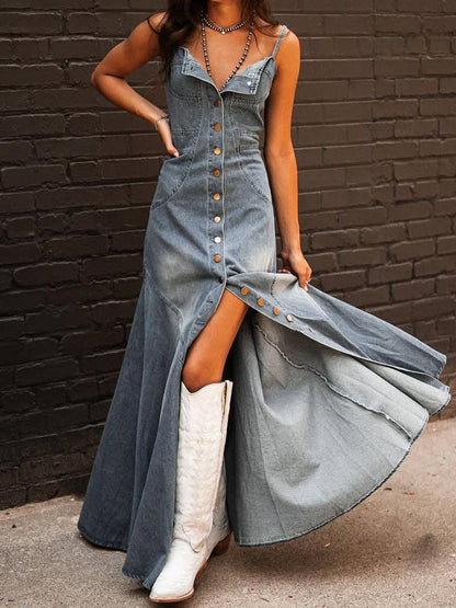 KK Bloom button-front denim maxi dress featuring a stylish split and flowy skirt for a chic look