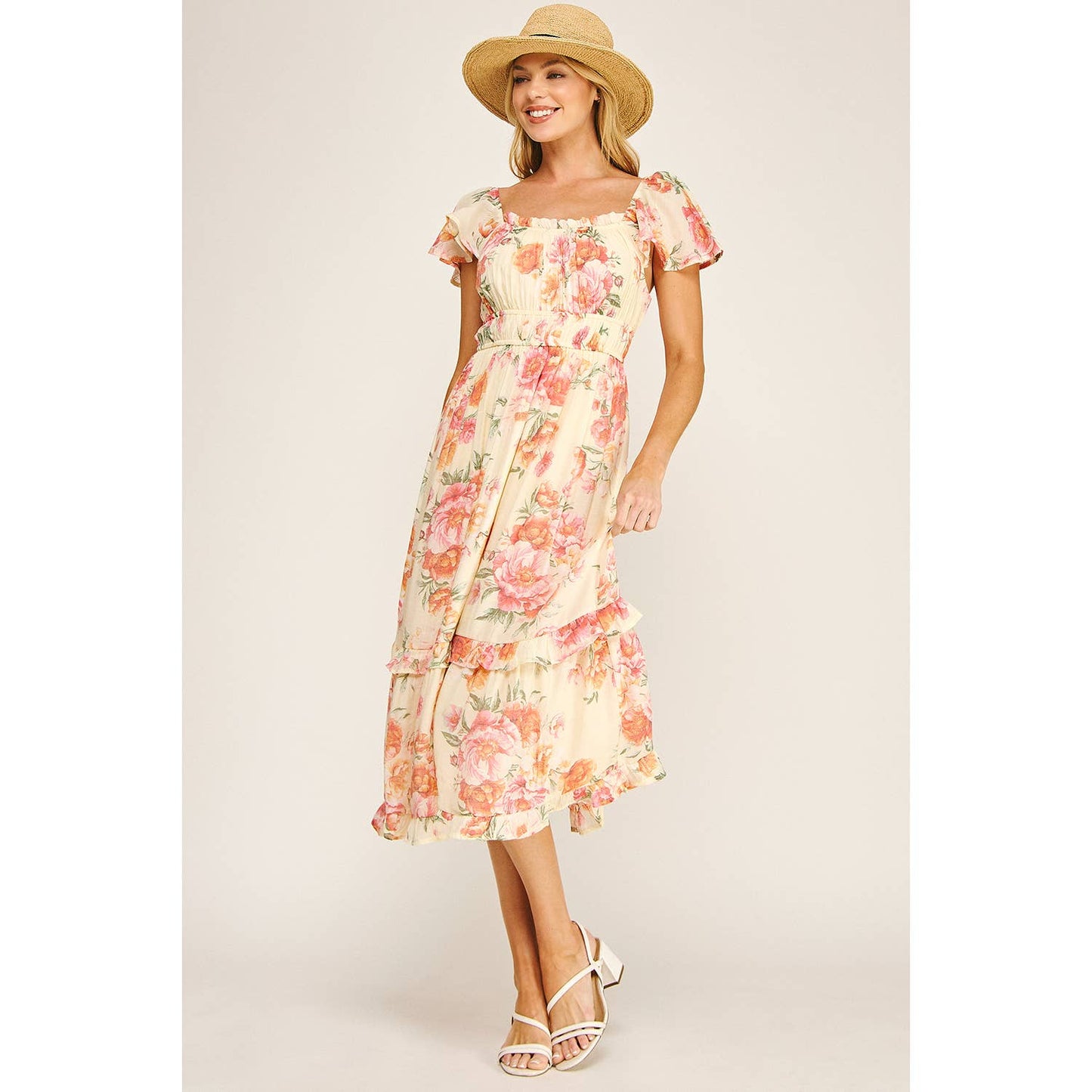 FLUTTER SLEEVE FLORAL TIERED DRESS