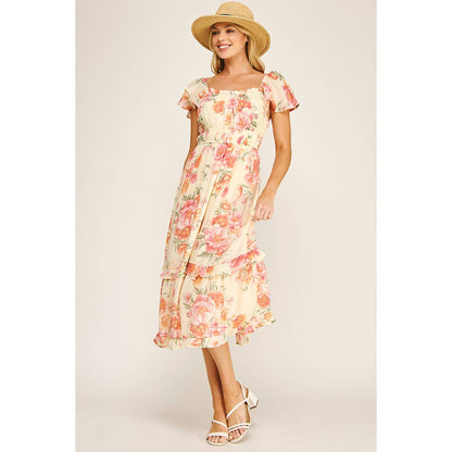 FLUTTER SLEEVE FLORAL TIERED DRESS