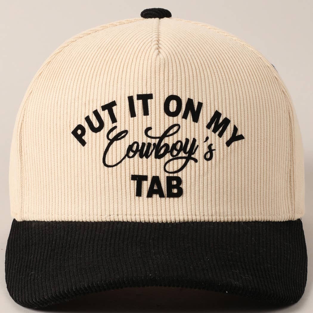 Put It On My Cowboy's Tab Two-Tone Corduroy Cap: Black/ Beige ONE SIZE