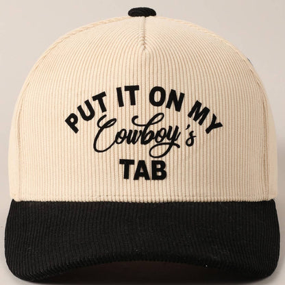 Put It On My Cowboy's Tab Two-Tone Corduroy Cap: Black/ Beige ONE SIZE