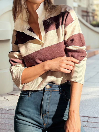 Color Block Knitted Polo Collar Sweater
