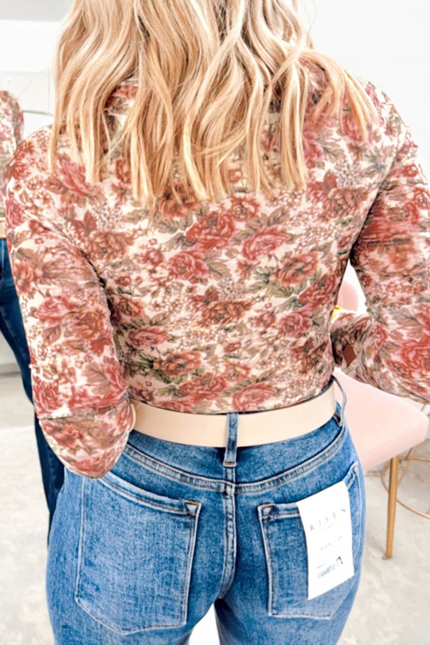 Retro Floral Print Mesh Long Sleeve Top