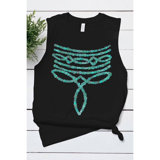 Turquoise Stone Stitch Graphic Muscle Tank Top