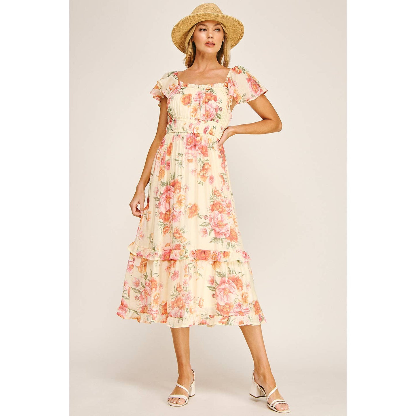 FLUTTER SLEEVE FLORAL TIERED DRESS