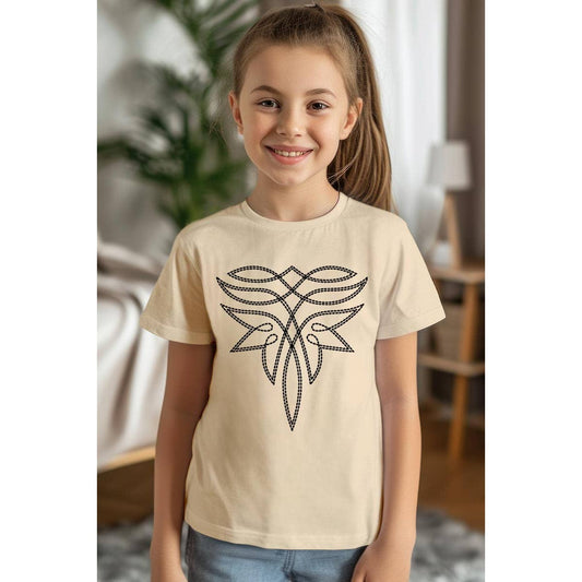 Western Boot Stitch Kids Graphic T Shirts in Cream Color with Intricate Design