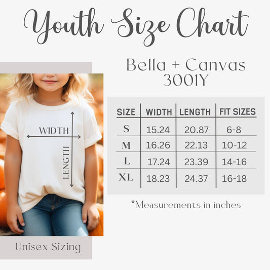 Youth size chart for Western Boot Stitch Kids Graphic T Shirts: CREAM in unisex sizing