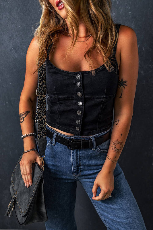Stylish cropped slim fit denim top in black with button detailing, perfect for trendy outfits