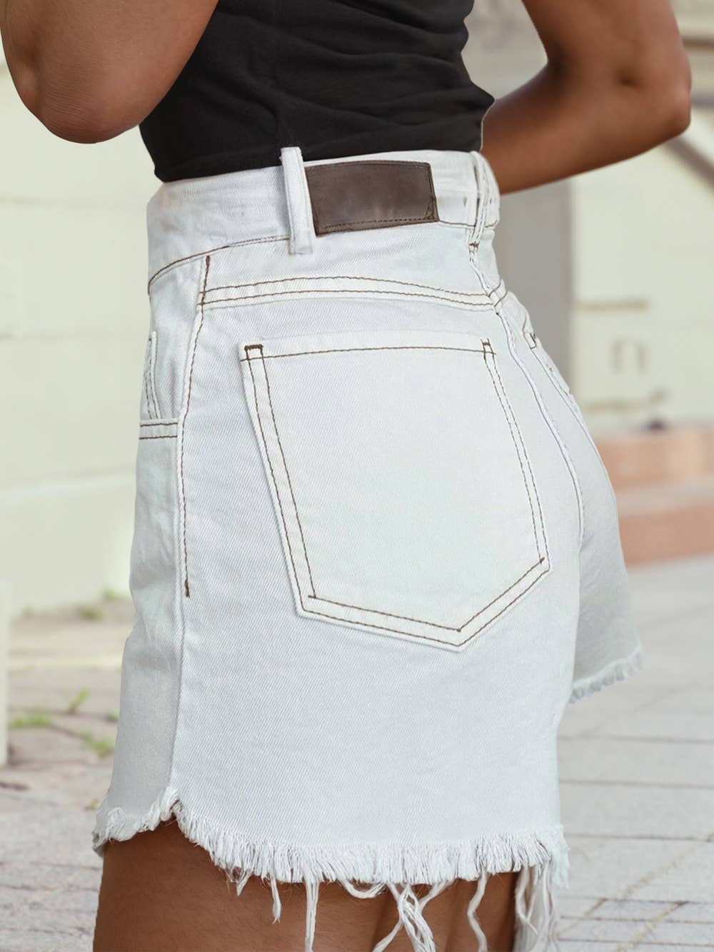 Raw Hem High Waist Denim Shorts: White / 4