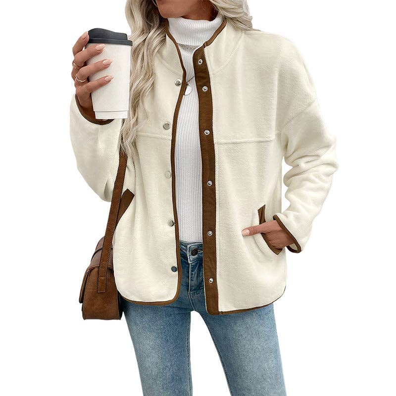 Contrast Trim Fleece Jacket Women Stand Collar Short Coat