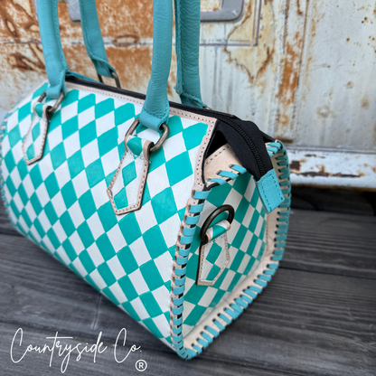 Teal Checkered Speedy Bag