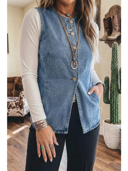 Western Buttoned Front Slit Denim Vest