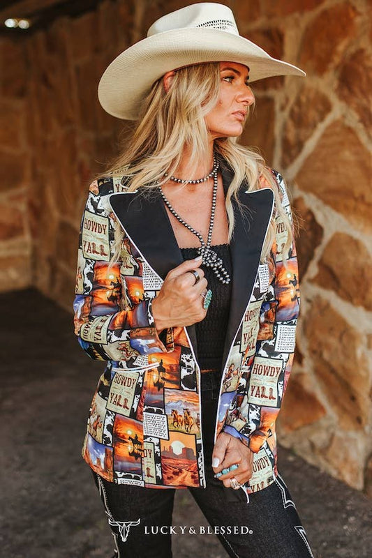 Western Collage Ivory Piping Button Blazer