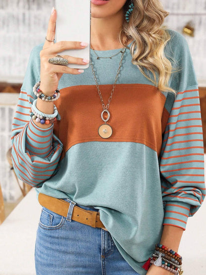 Round-Neck Striped Contrasting Long-Sleeved Top