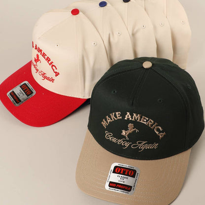 MAKE AMERICA COWBOY AGAIN Embroidered Trucker Hat: KHA/DKGRN / One Size