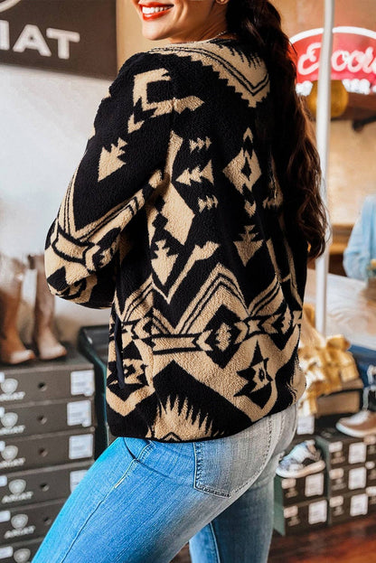 Black Western Aztec Half Zip Plush Sweatshirt
