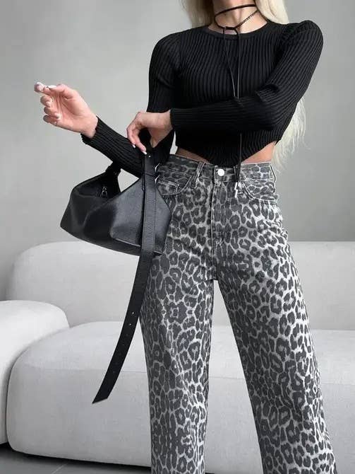 Grey Leopard Print High Waist Pants