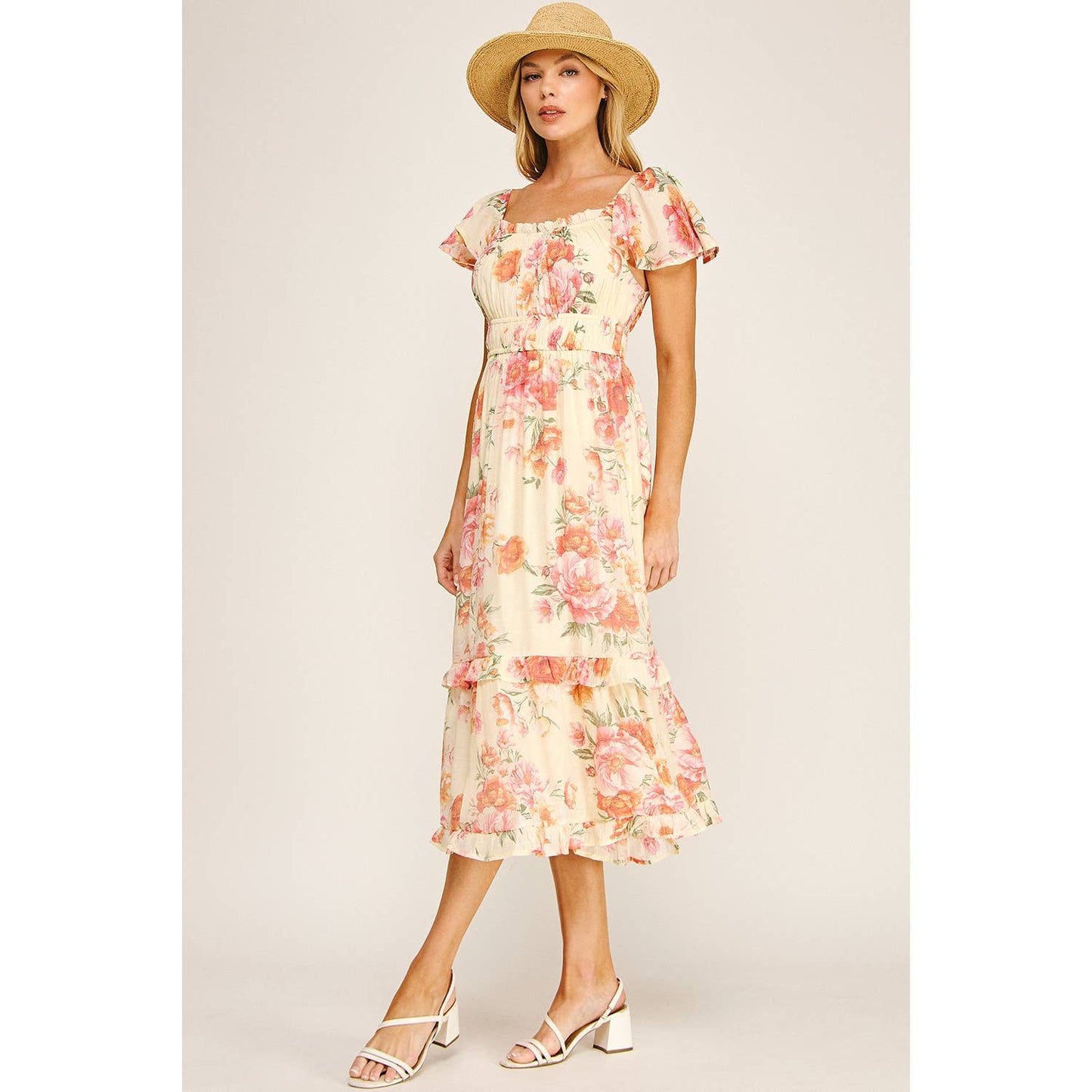 FLUTTER SLEEVE FLORAL TIERED DRESS