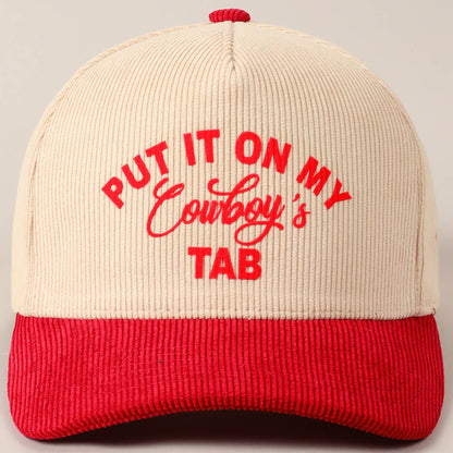 Put It On My Cowboy's Tab Two-Tone Corduroy Cap: Black/ Beige ONE SIZE