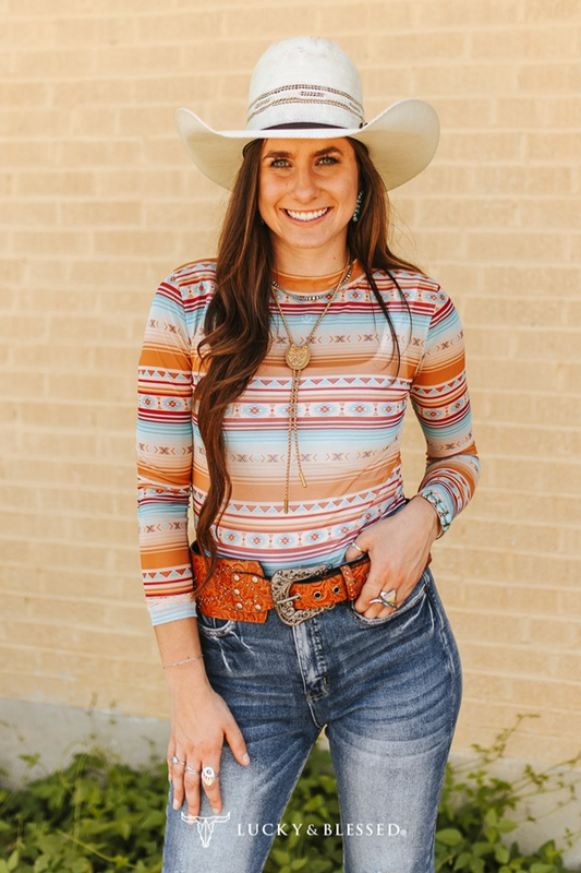Orange Turquoise Aztec Printed Mesh Top
